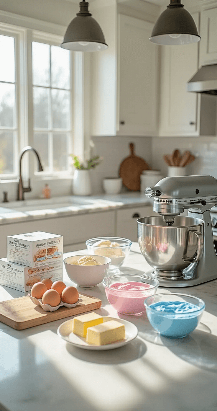 A modern kitchen with marble countertops displaying baking ingredients for a gender reveal, including eggs, butter, cake mixes, measuring tools, and pink and blue food coloring, with a KitchenAid mixer ready for use.