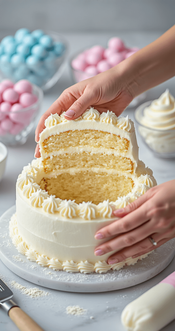 Close-up of hands hollowing out a white cake's middle layer, surrounded by soft-focus pink and blue candies in crystal bowls, with an offset spatula and piping bags of frosting on a marble surface.