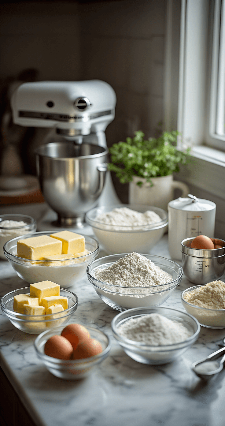 Close-up of a marble countertop with measured ingredients in glass bowls, including butter, eggs, sifted flour, and sugar, with natural light highlighting a KitchenAid mixer in the background.