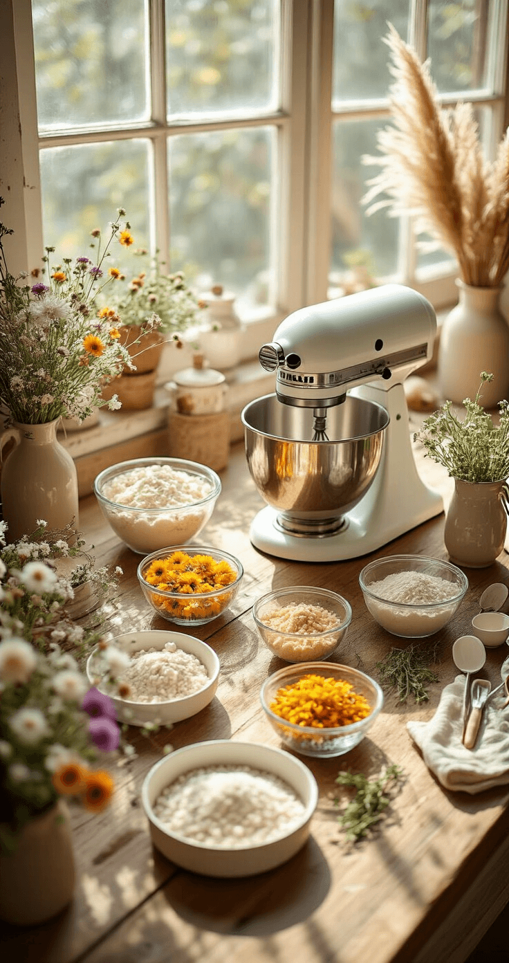 Overhead view of a sunlit rustic wooden table adorned with delicate edible flowers, dried pampas grass, and fresh herbs, featuring a stand mixer, pre-measured ingredients in glass bowls, and vintage baking tools, illuminated by natural light.