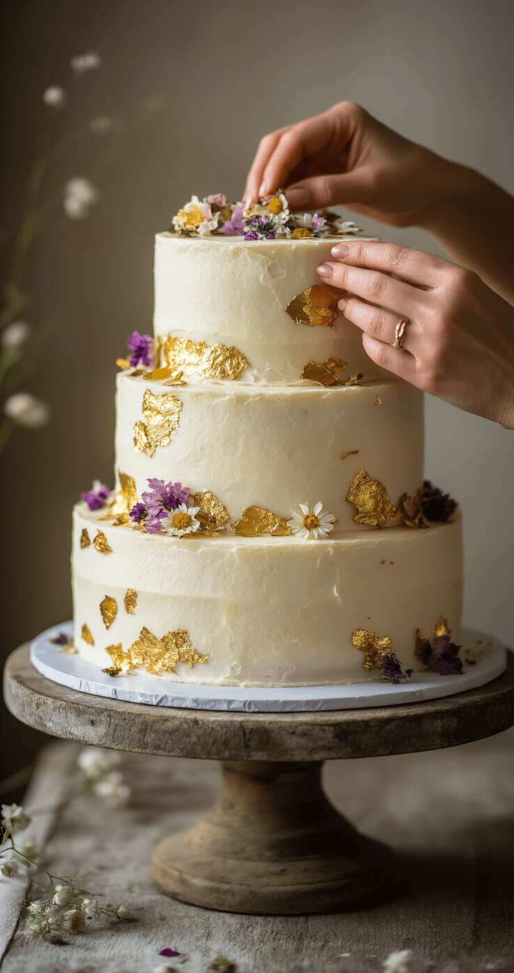 Close-up of hands adding dried flower petals and gold leaf to a three-tiered white buttercream cake on a wooden stand, with warm golden hour lighting.
