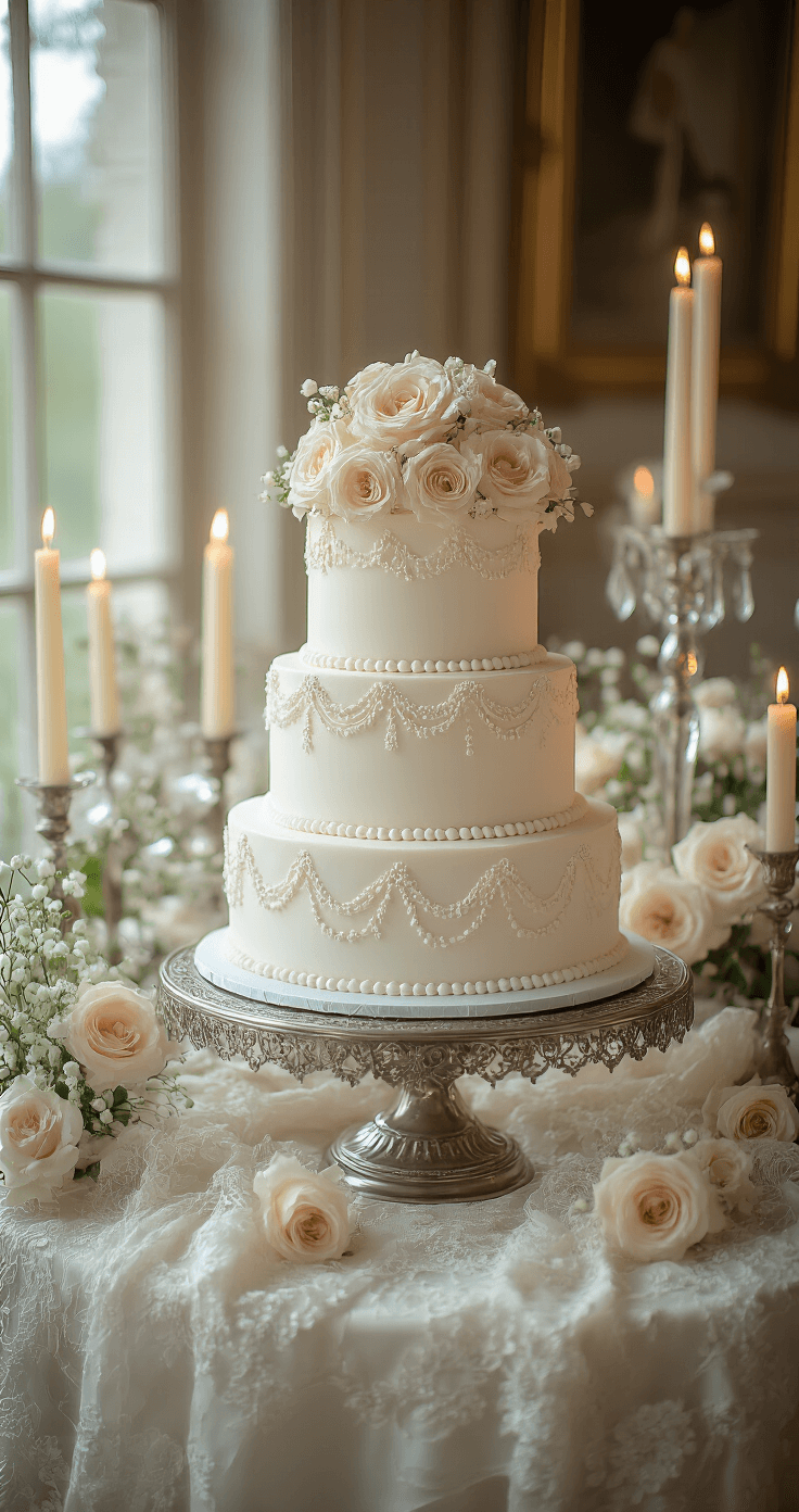 Close-up of an ornate vintage wedding cake table with a 3-tier white cake on an antique silver stand, surrounded by glowing ivory candles and adorned with blush roses and baby's breath, creating a romantic atmosphere.