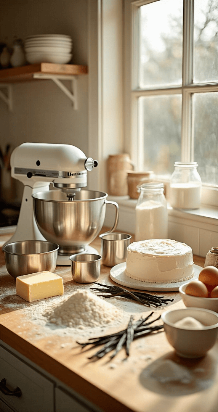 A sunlit kitchen countertop prepared for baking a wedding cake, showcasing organized measuring cups, aromatic vanilla beans, room temperature eggs and butter, and a stand mixer, with cake flour and sugar illuminated by natural light.