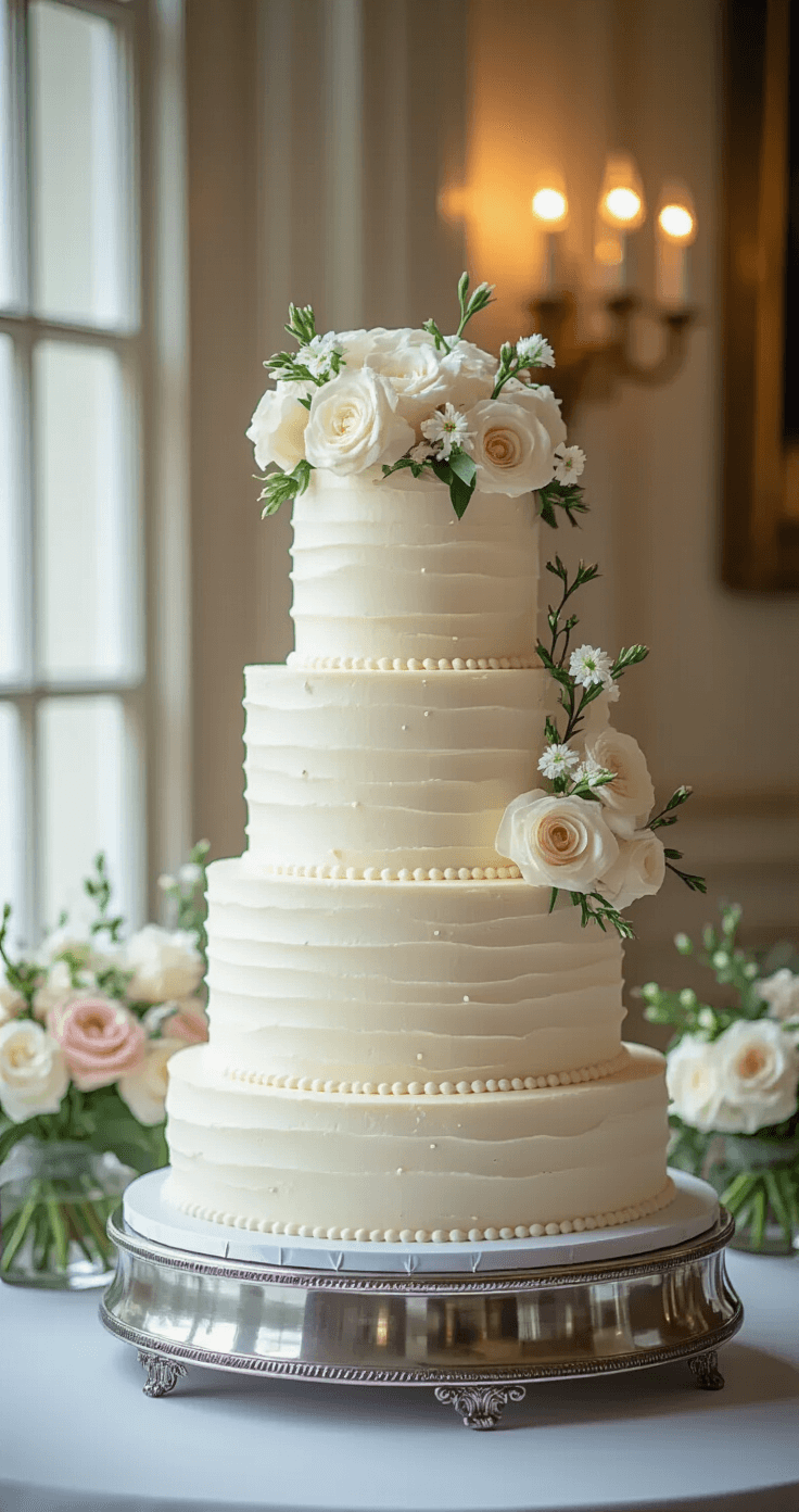 An elegant three-tiered wedding cake with pearl-like Swiss meringue buttercream, adorned with fresh flowers, displayed on a silver stand in a softly lit reception setting.