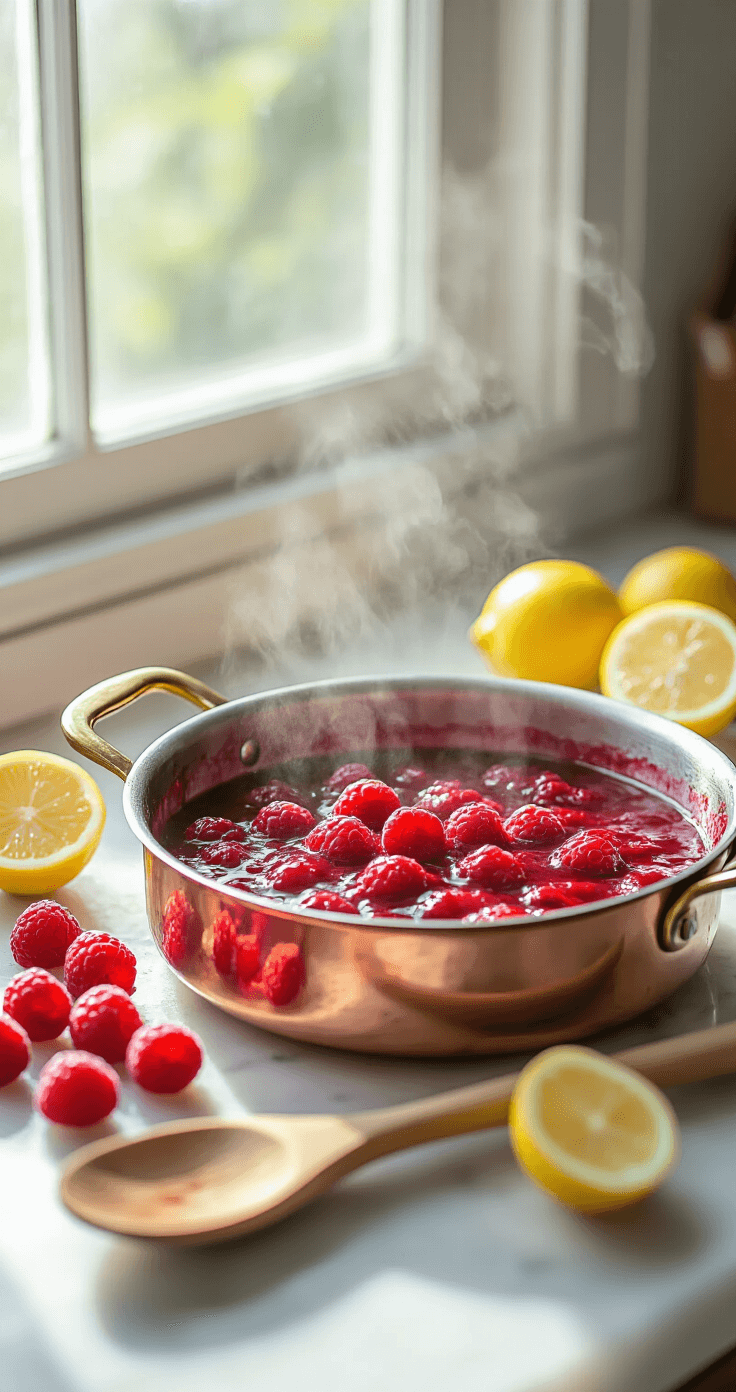 Close-up of vibrant red raspberry filling simmering in a copper saucepan with steam rising, highlighted by natural sunlight. A wooden spoon rests against the pan, and fresh raspberries and lemon halves are scattered on a marble countertop nearby.
