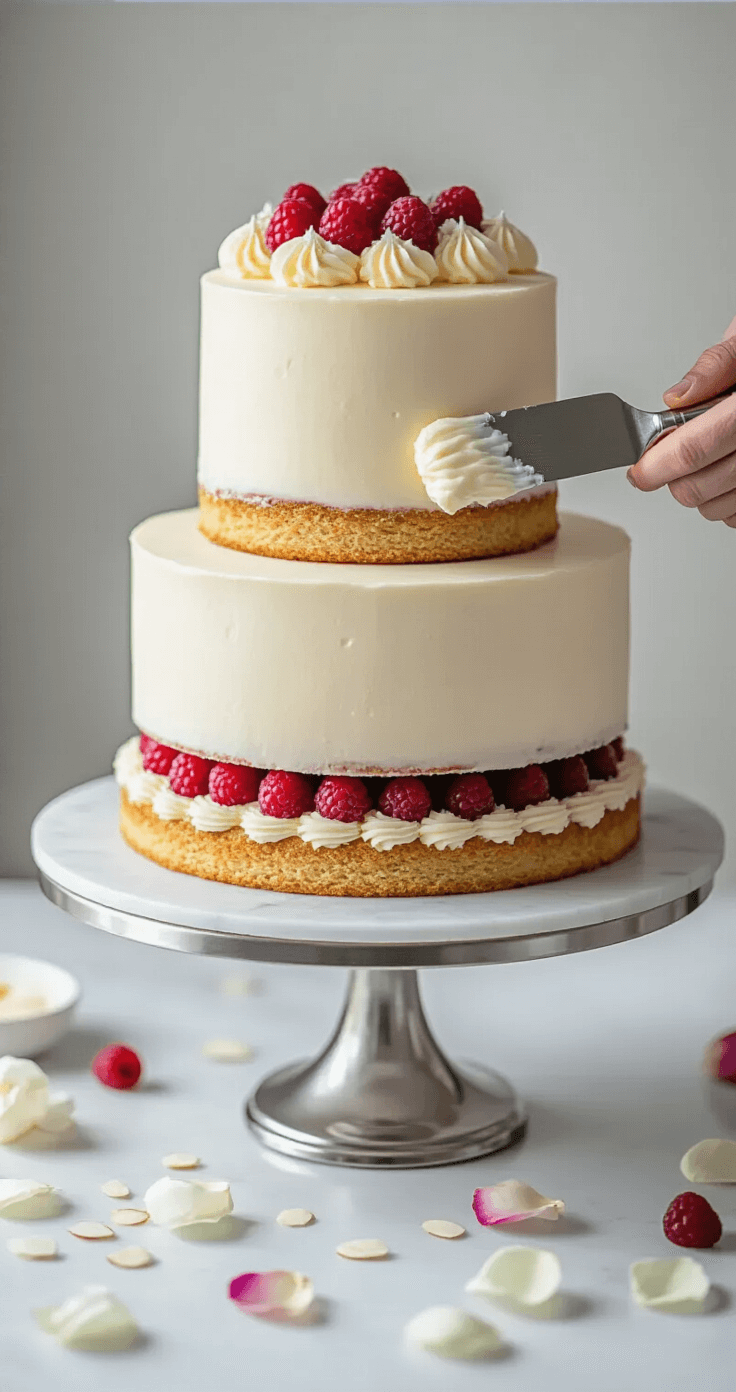 Overhead view of a three-tiered almond wedding cake being assembled on a marble surface, featuring creamy white buttercream and raspberry filling, with scattered rose petals and crystallized almonds.