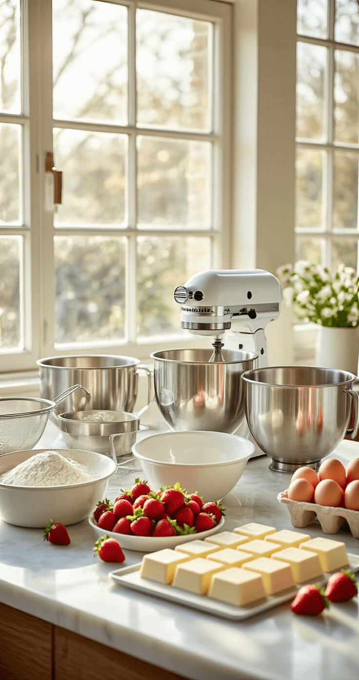 A bright kitchen workspace with a marble countertop, mixing bowls filled with ingredients, cake pans, eggs, white chocolate, a stand mixer, and strawberries in a colander, illuminated by natural light.