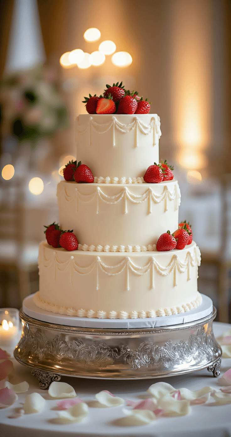 A stunning three-tiered white chocolate wedding cake on a silver stand, adorned with strawberry slices and white chocolate curls, set against a softly lit ballroom backdrop with rose petals and crystal elements.