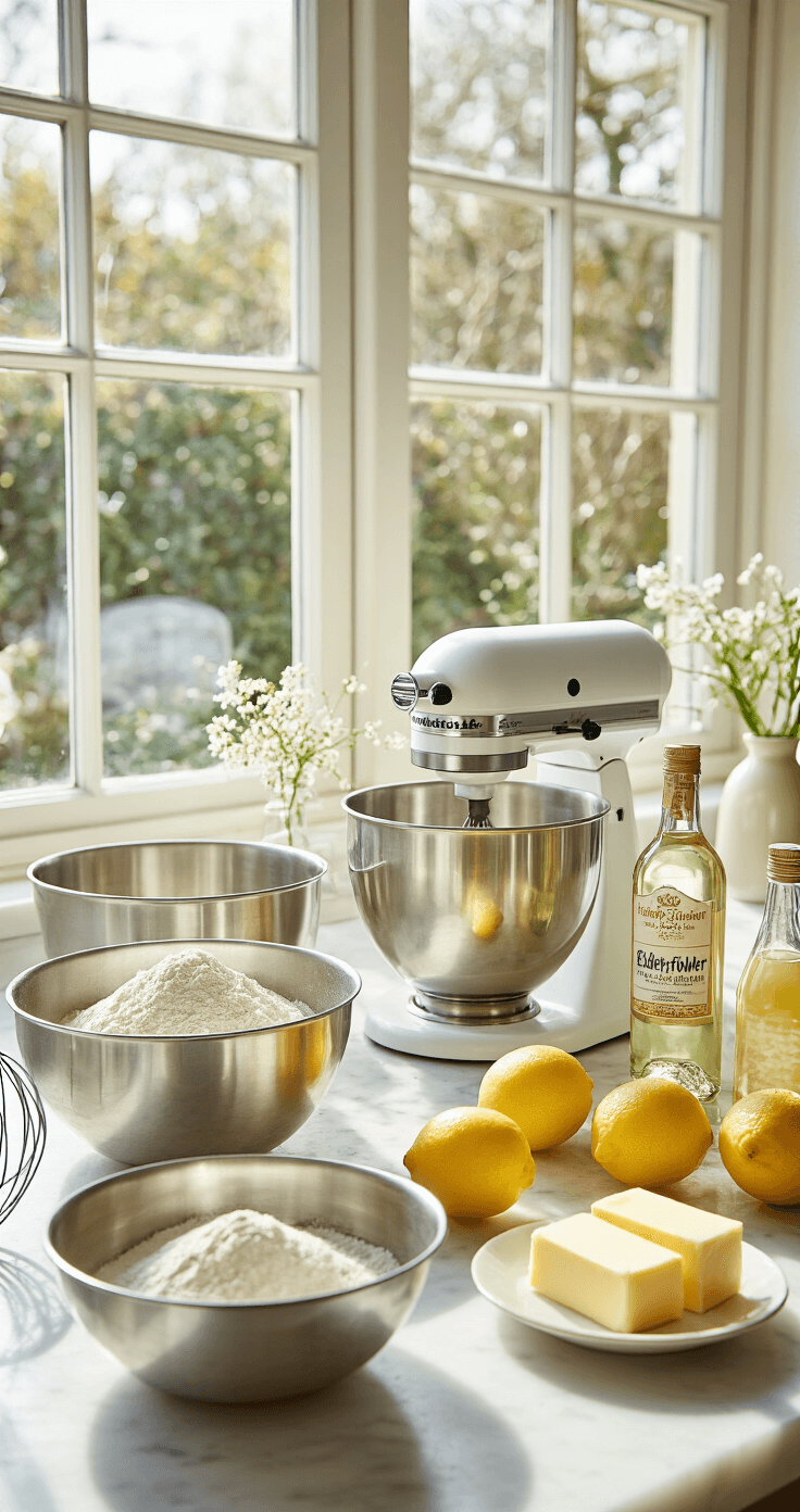 Lemon Elderflower Wedding Cake: A Royal Celebration of Flavor A bright kitchen with marble countertops featuring mixing bowls of flour, fresh lemons, and elderflower liqueur, alongside a stand mixer, eggs, and butter, illustrating the organized setup for baking a lemon elderflower cake.
