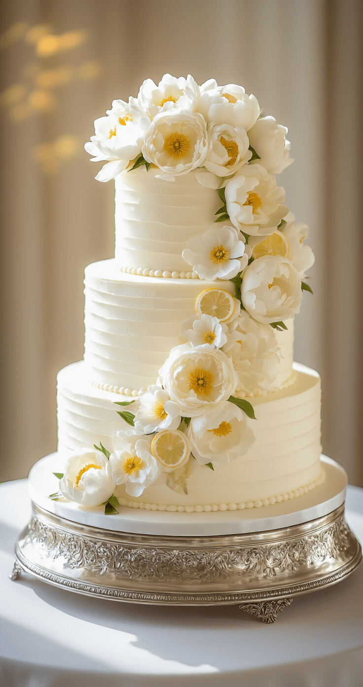 Lemon Elderflower Wedding Cake: A Royal Celebration of Flavor Elegant three-tiered white wedding cake on a silver stand, decorated with white peonies and candied lemon slices, illuminated by warm afternoon light.