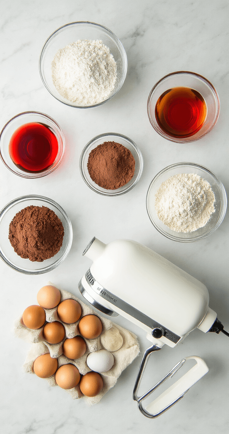 Cinematic overhead shot of a marble countertop with a vintage stand mixer, glass bowls of vibrant red food coloring, flour, cocoa powder, and eggs, illuminated by natural light.