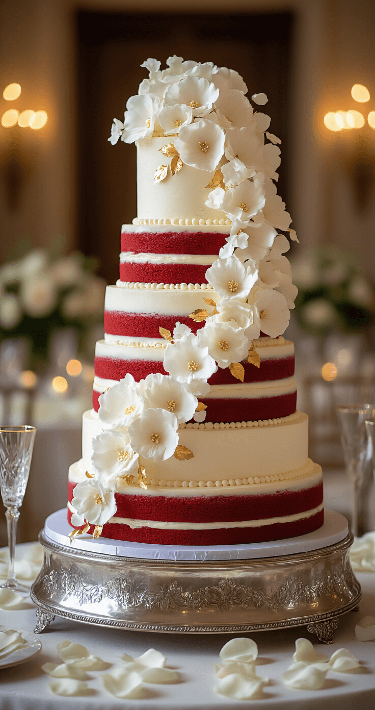 A towering three-tier red velvet wedding cake with white cream cheese frosting, adorned with edible white flowers and gold leaf accents, displayed on a silver cake stand in a beautifully blurred elegant venue, surrounded by crystal champagne glasses and rose petals.