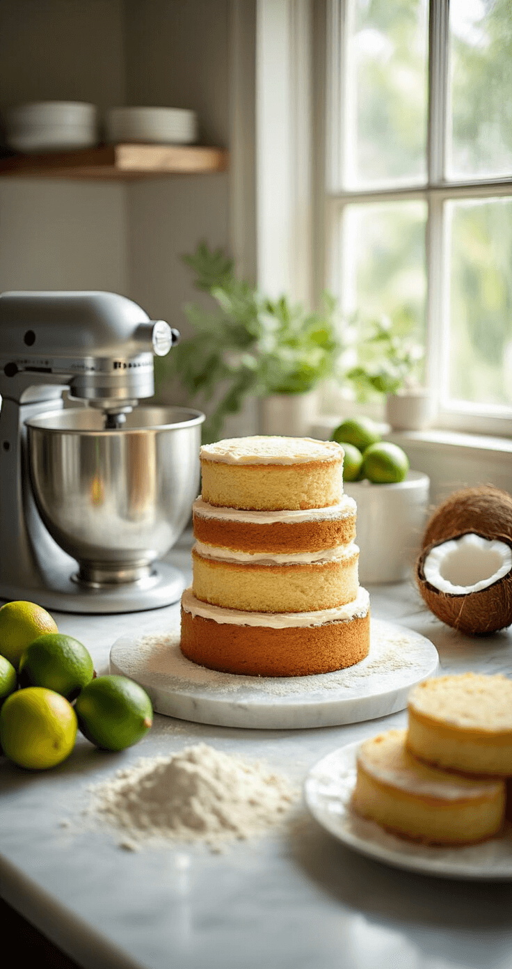 A sunlit kitchen with a marble countertop, where pristine cake layers are being stacked. A silver stand mixer dusted with flour is in the background, alongside fresh limes and coconuts. Soft natural light enhances the texture of the golden cake layers.