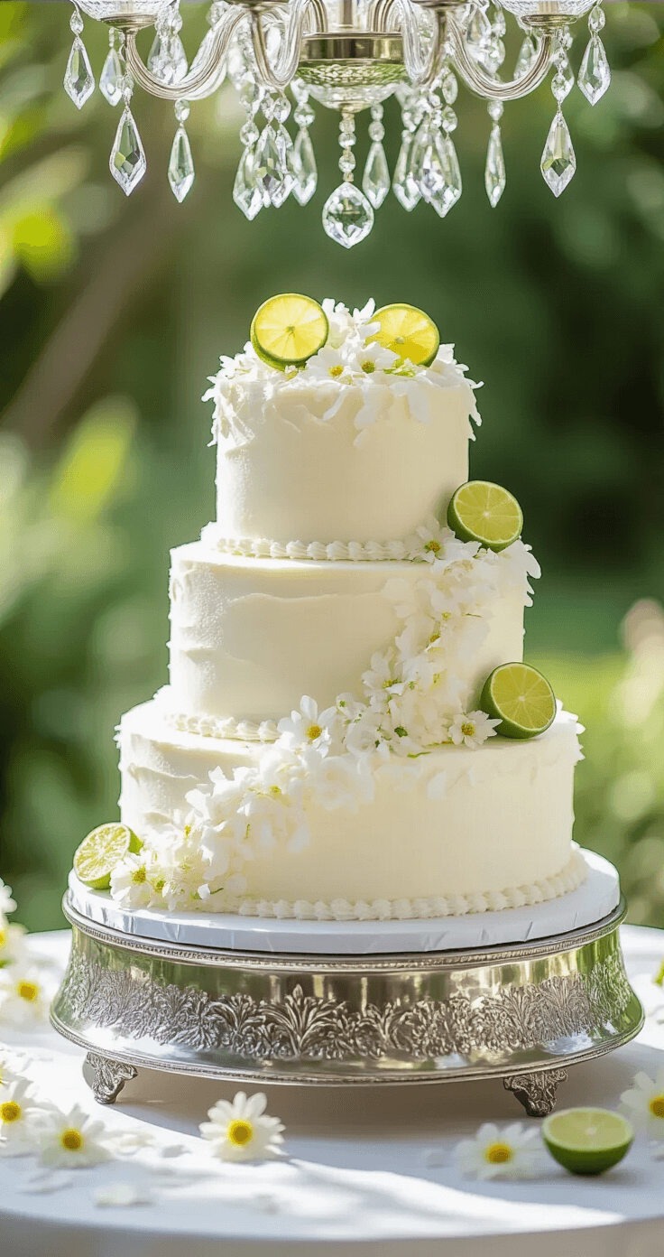 Elegant three-tiered coconut wedding cake on a silver stand, adorned with white coconut flakes and lime zest curls, surrounded by edible flowers and lime slices in a romantic garden setting.