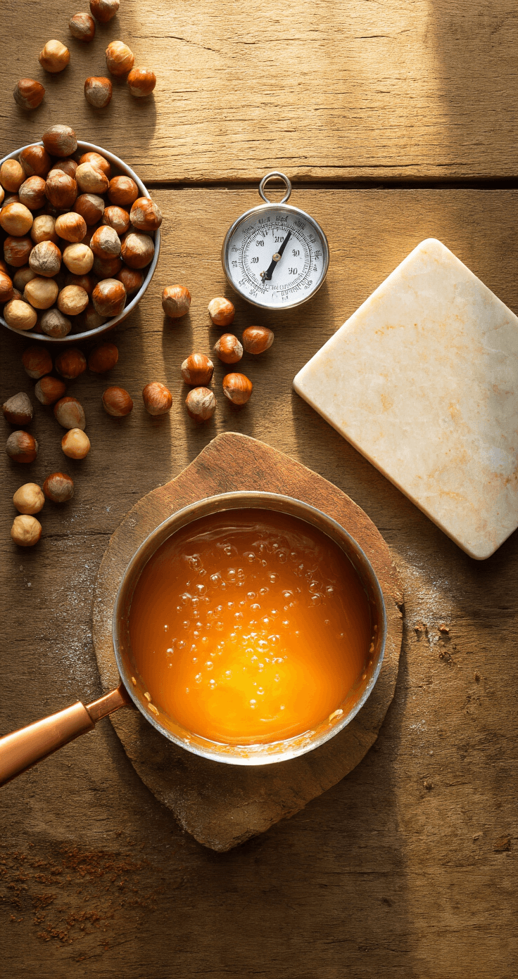 Overhead view of a rustic wooden workstation with scattered roasted hazelnuts, a copper pot of molten amber caramel, and a marble slab, all bathed in warm natural light, conveying a professional patisserie atmosphere.