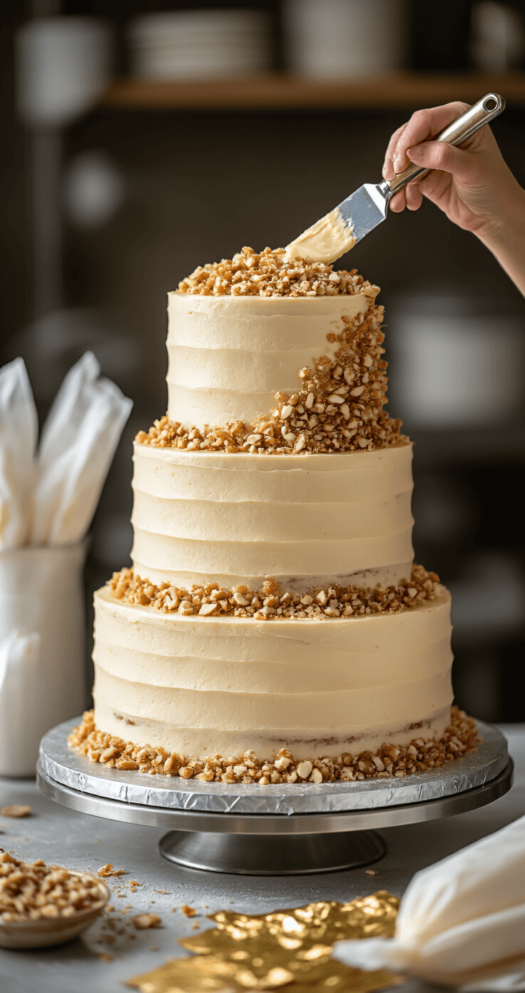 A three-tiered hazelnut wedding cake is mid-assembly on a rotating silver cake stand in a professional kitchen, with brown butter buttercream being applied and crushed praline pieces cascading down one side, illuminated by soft studio lighting.
