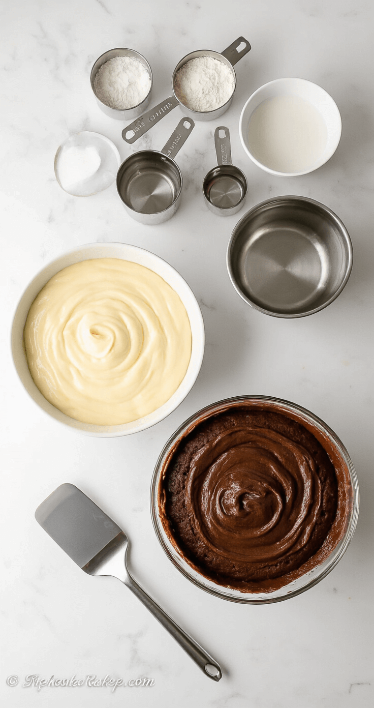 Overhead view of a marble cake preparation scene with vanilla and chocolate batter in bowls on a marble countertop, featuring a silver spatula and natural light.