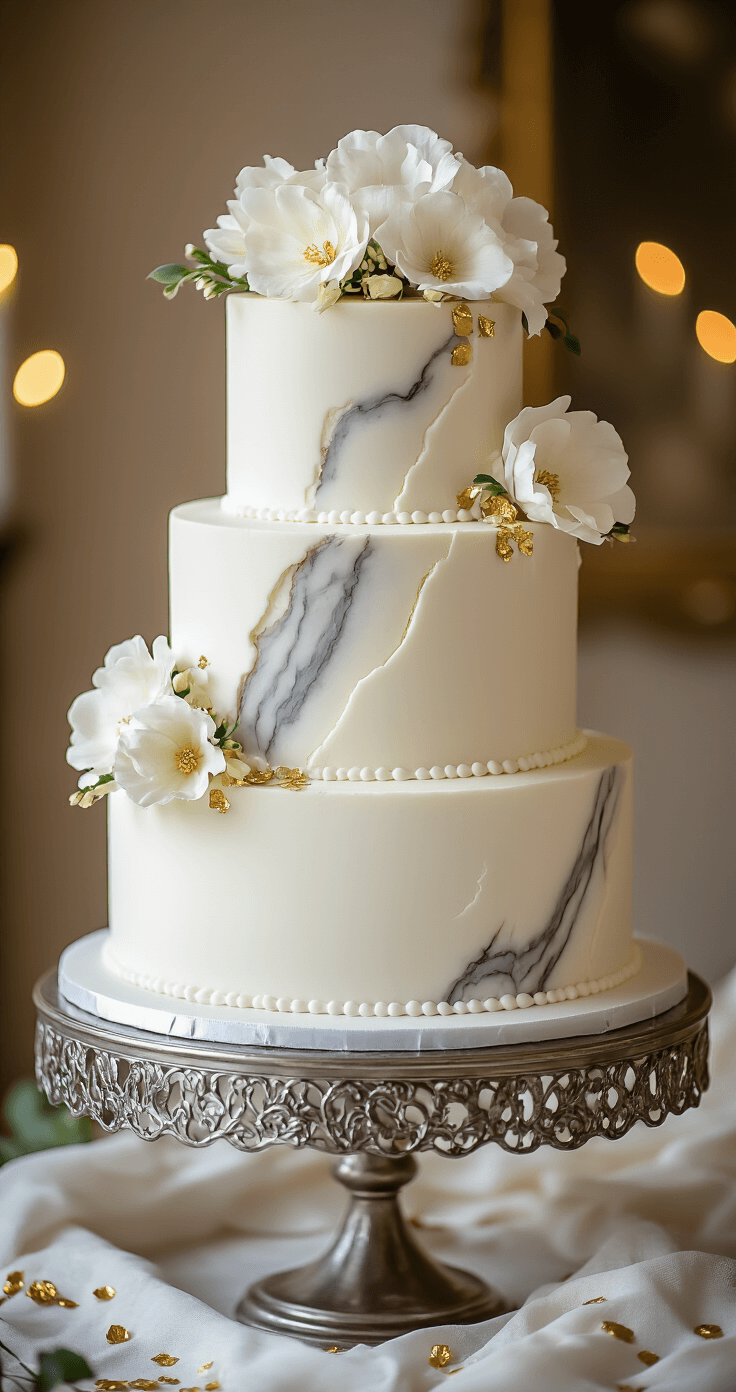 Elegant four-tier marble wedding cake on a silver stand, featuring white buttercream frosting, marble pattern cutouts, gold leaf accents, and fresh white flowers, set against a softly lit background.