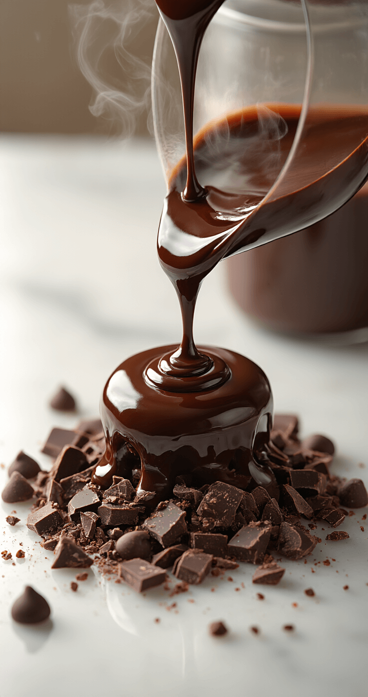 Close-up of glossy dark chocolate ganache pouring over chopped premium chocolate with warm lighting, steam rising in the background, and sparkling droplets on a marble countertop.