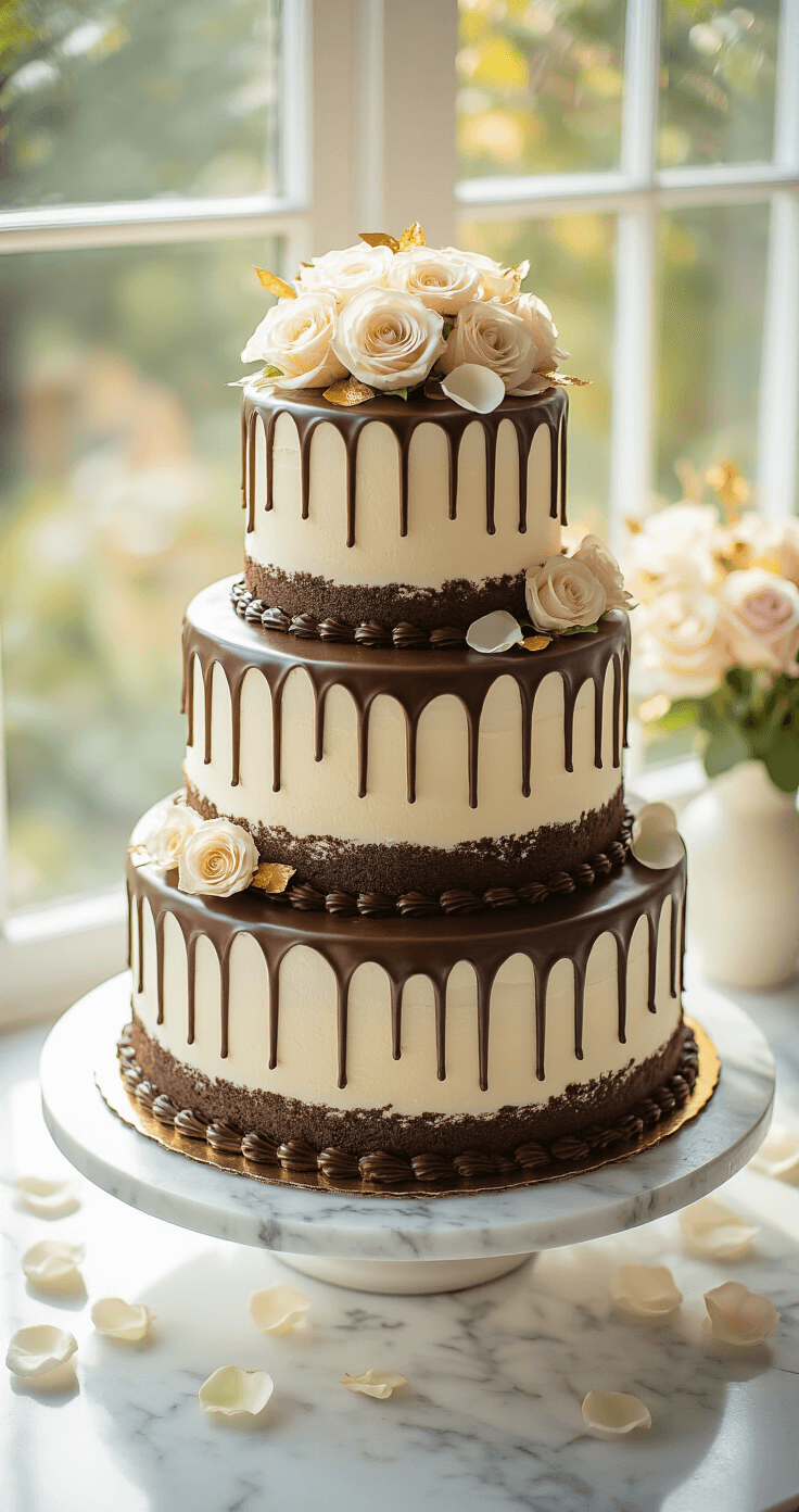 Professional overhead view of a three-tiered chocolate wedding cake being decorated on a white marble countertop, featuring golden light, chocolate drips, scattered rose petals, and gold leaf accents.