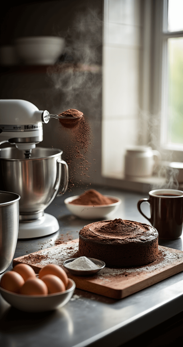 Professional kitchen scene featuring a pristine stainless steel countertop with perfectly measured ingredients for a dark chocolate cake, including sifted cocoa powder, room temperature farm-fresh eggs, and a steaming cup of coffee, illuminated by natural light. A professional stand mixer is ready nearby.