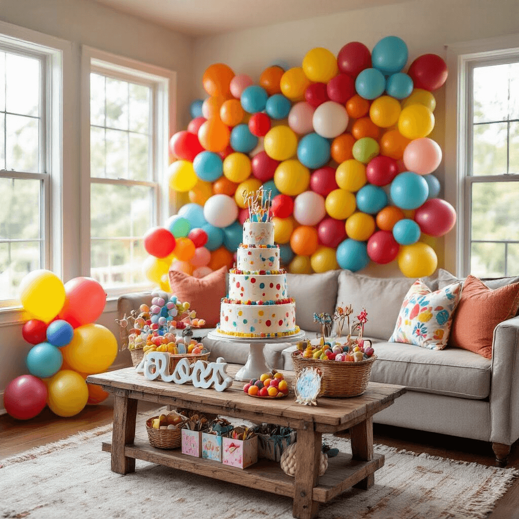 A vibrant children's birthday living room with a balloon mosaic backdrop, a tiered cake on a rustic wood stand, and a gift table adorned with a balloon arch and personalized party favors.