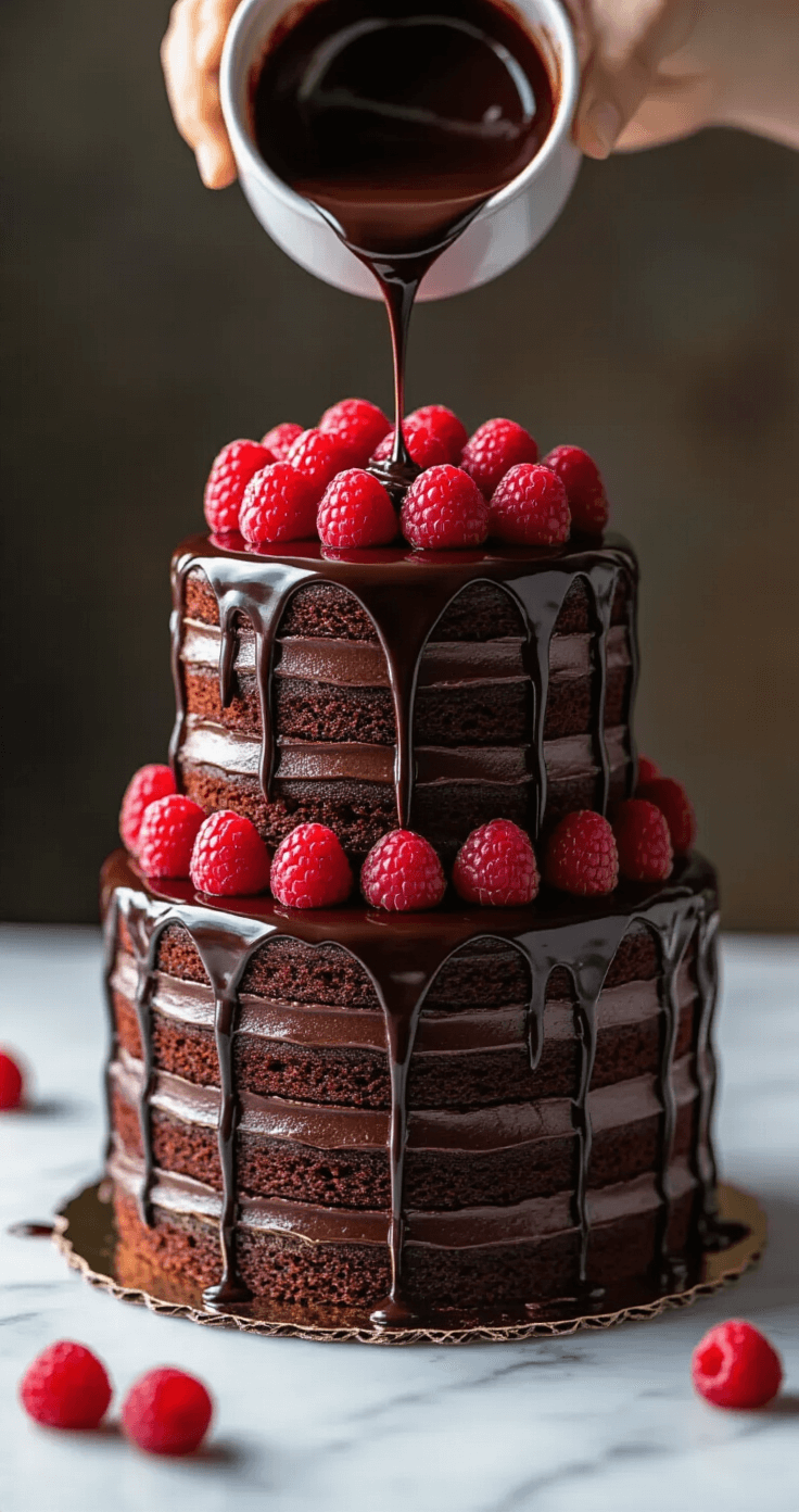 Close-up of a three-tiered chocolate cake being assembled, with glossy dark chocolate ganache pouring over the top and vibrant red raspberries between layers, set on a marble countertop with soft lighting.