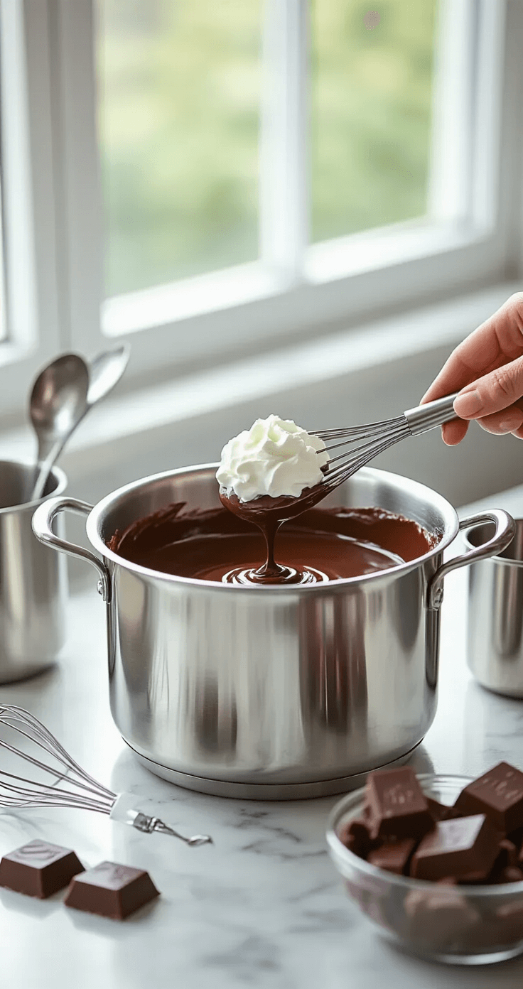 Decadent Chocolate Mousse Wedding Cake: A Luxurious Celebration Dessert A chef in a professional kitchen prepares dark chocolate mousse using a double boiler, folding whipped cream into the glossy chocolate mixture, with natural light illuminating the scene and steam rising from the water bath.