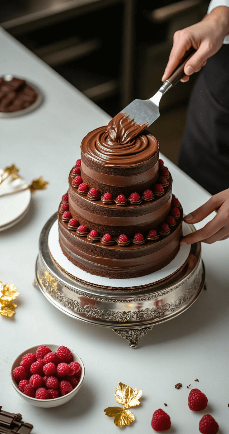Decadent Chocolate Mousse Wedding Cake: A Luxurious Celebration Dessert A dramatic overhead view of a three-tiered chocolate wedding cake being assembled on a silver stand, featuring rich chocolate layers and silky mousse, with decorative elements like gold leaf, raspberries, and chocolate shavings, as a pastry chef's hands expertly stack the layers.