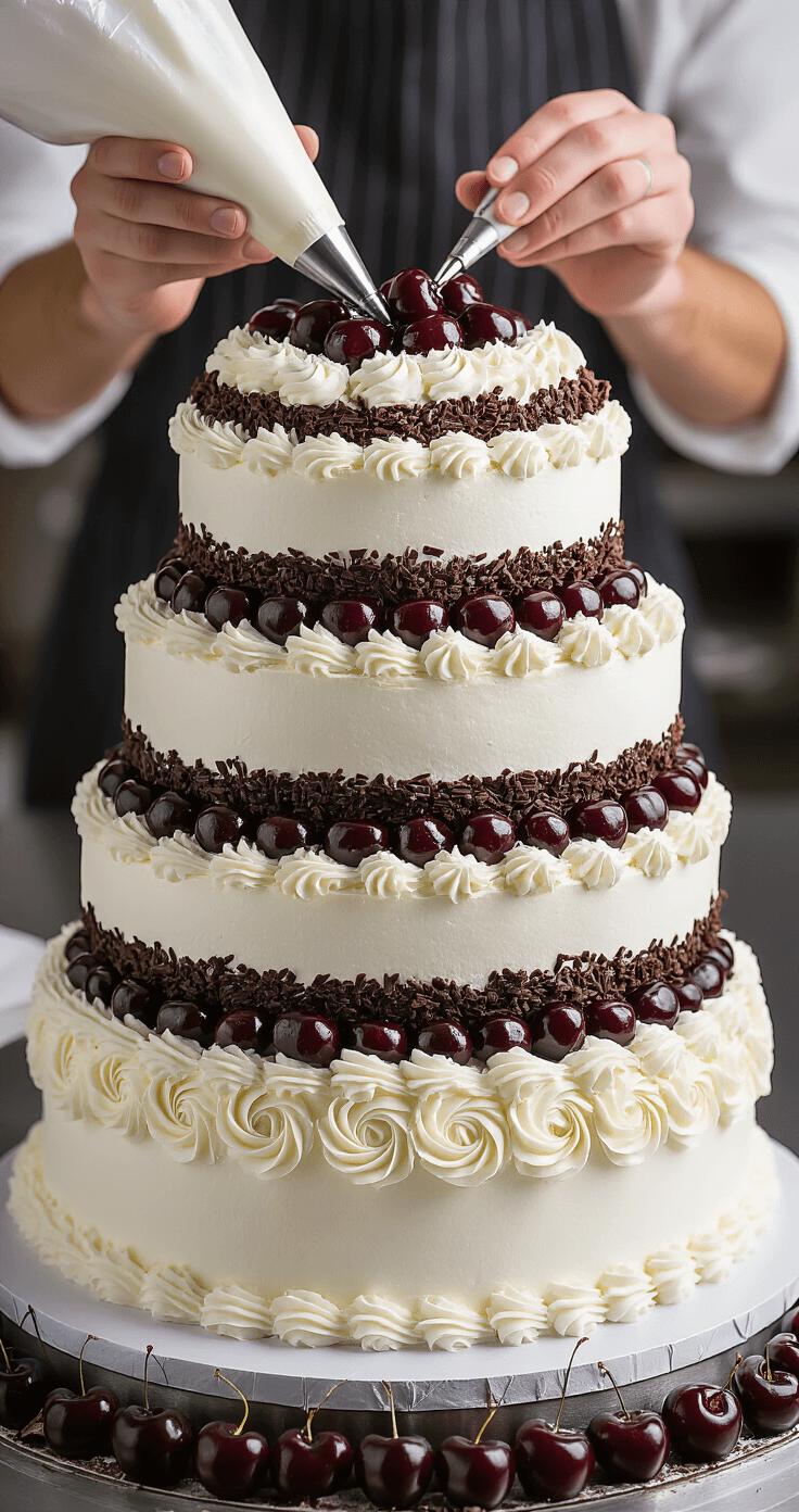 A close-up of a three-tiered Black Forest wedding cake being assembled, with dark cherries and whipped cream, as a baker decorates the edge with rosettes using a piping bag, and silver cake dowels are partially visible.