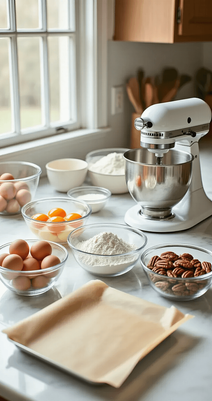 A marble countertop with ingredients for a wedding cake, including eggs, flour, cocoa powder, and toasted pecans, arranged neatly next to a stand mixer and parchment-lined cake pans, illuminated by natural light.