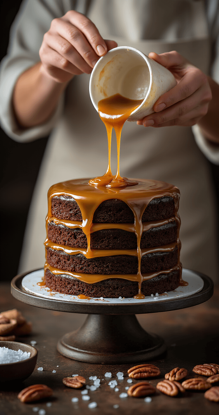 A baker's hands pouring glossy amber caramel between dark chocolate cake layers on a rotating stand, surrounded by toasted pecans and sea salt flakes, showcasing a rich contrast.
