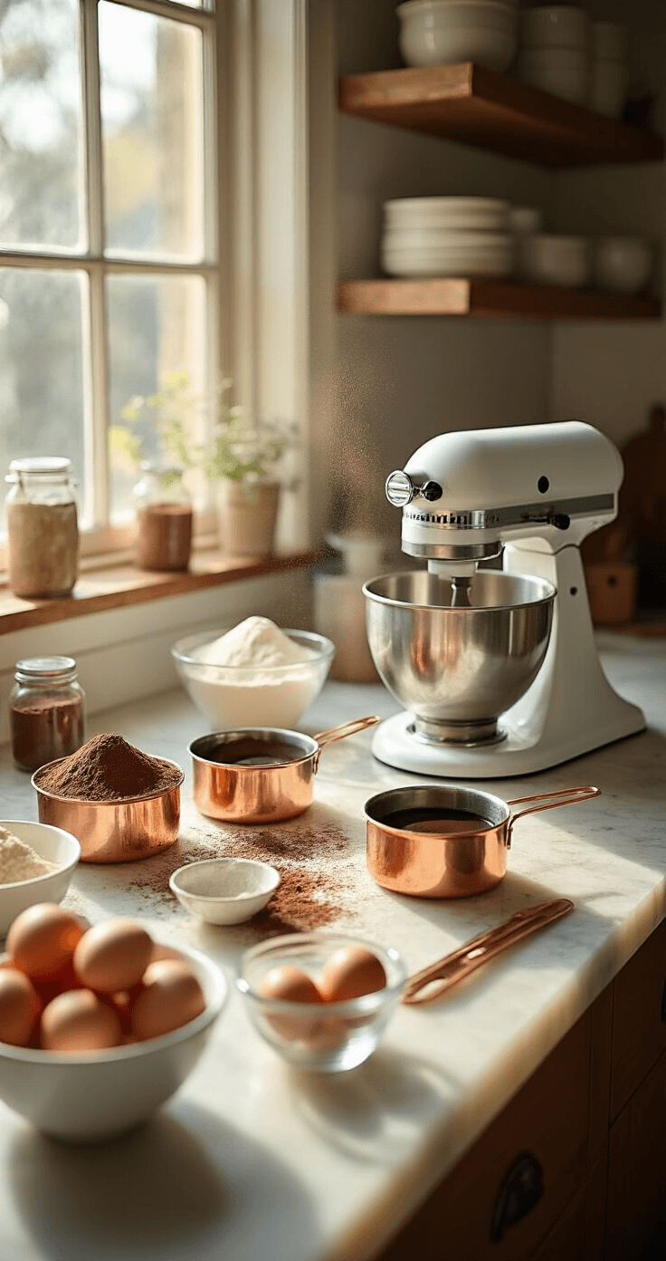A professional kitchen filled with warm natural light, featuring organized mise en place with cocoa powder dust, copper measuring cups of espresso, and farm-fresh eggs. Ingredients are displayed in glass bowls on a marble countertop, alongside a gleaming stand mixer.