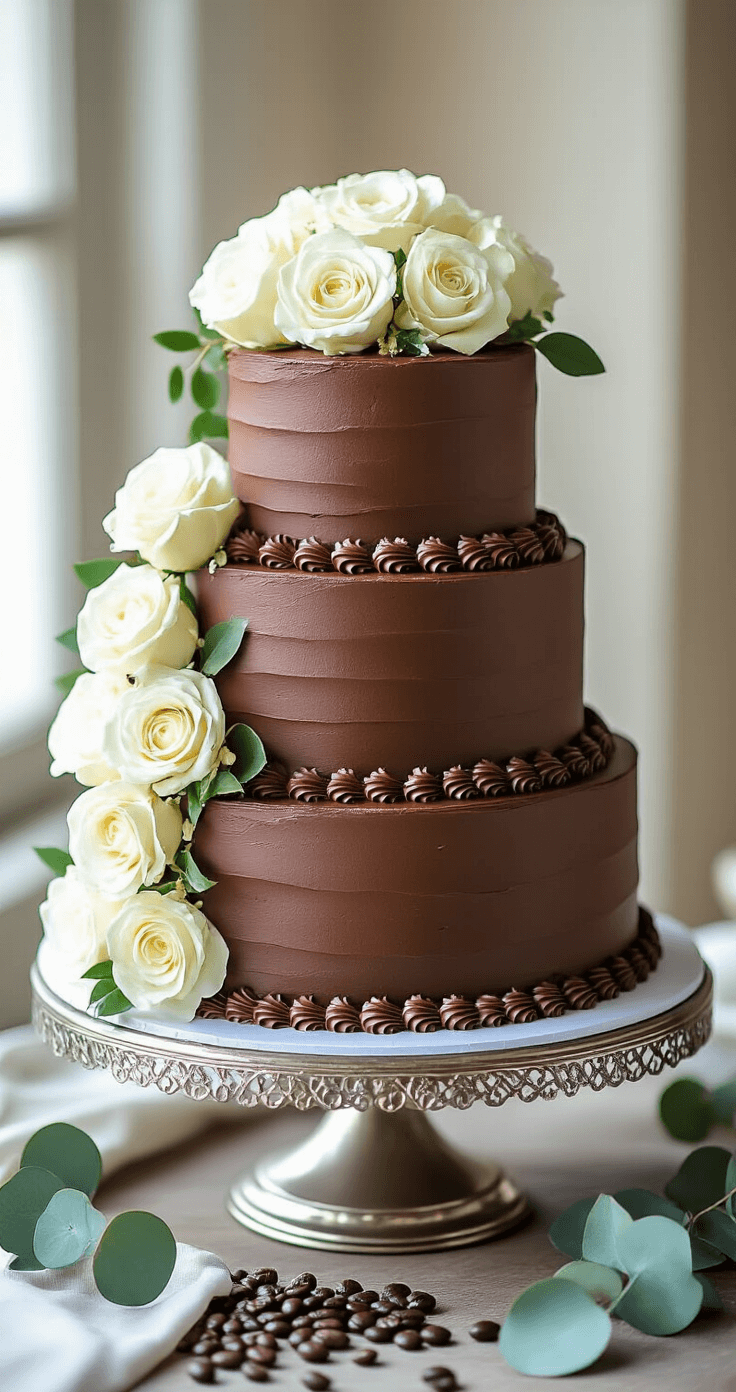 Elegant three-tiered chocolate espresso wedding cake on a silver stand, decorated with chocolate curls, gold leaf, and fresh white roses, on a vintage dessert table with coffee beans and eucalyptus leaves.