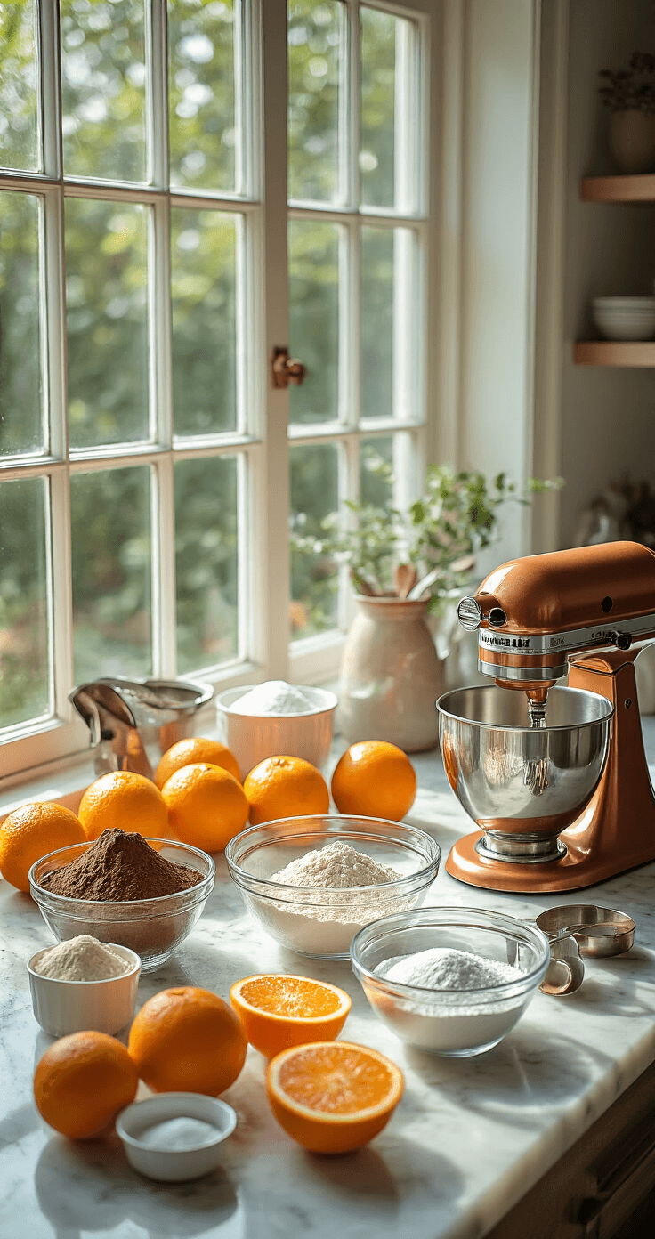 Elegant kitchen scene with natural light, showcasing ingredients for a chocolate orange wedding cake on a marble countertop, including glass bowls of cocoa powder, flour, and sugars, fresh oranges, measuring cups, a copper stand mixer, and a vintage-style kitchen scale.