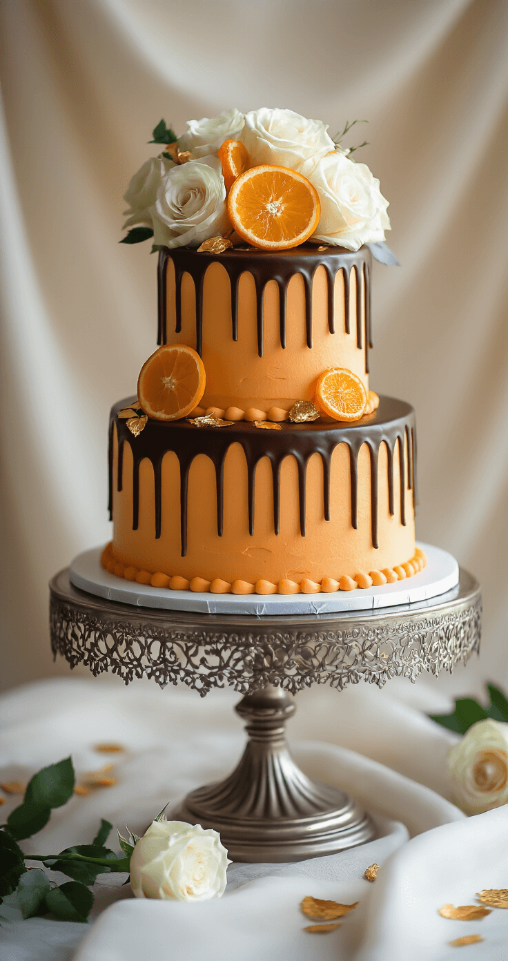 Three-tiered chocolate orange wedding cake with dark chocolate ganache drips, orange buttercream layers, candied orange slices, edible gold leaf, and fresh white garden roses on a silver cake stand, set against a romantic backdrop with dramatic side lighting.