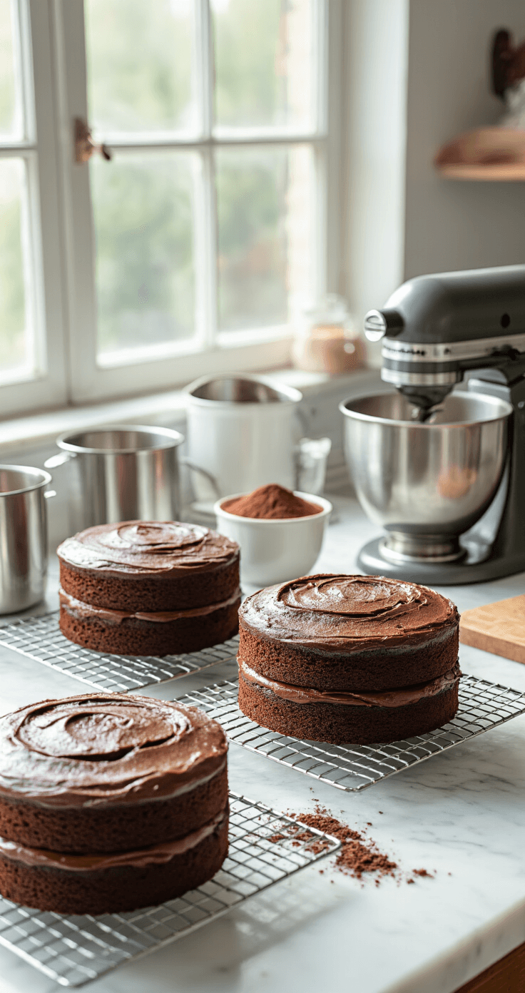 Decadent Chocolate-Covered Strawberry Wedding Cake: A Luxurious Celebration Dessert Three chocolate cake layers cool on silver wire racks in a sunlit professional kitchen with a pristine marble countertop, surrounded by measuring cups, sifted cocoa powder, and a stand mixer, while natural light emphasizes the cake's texture.