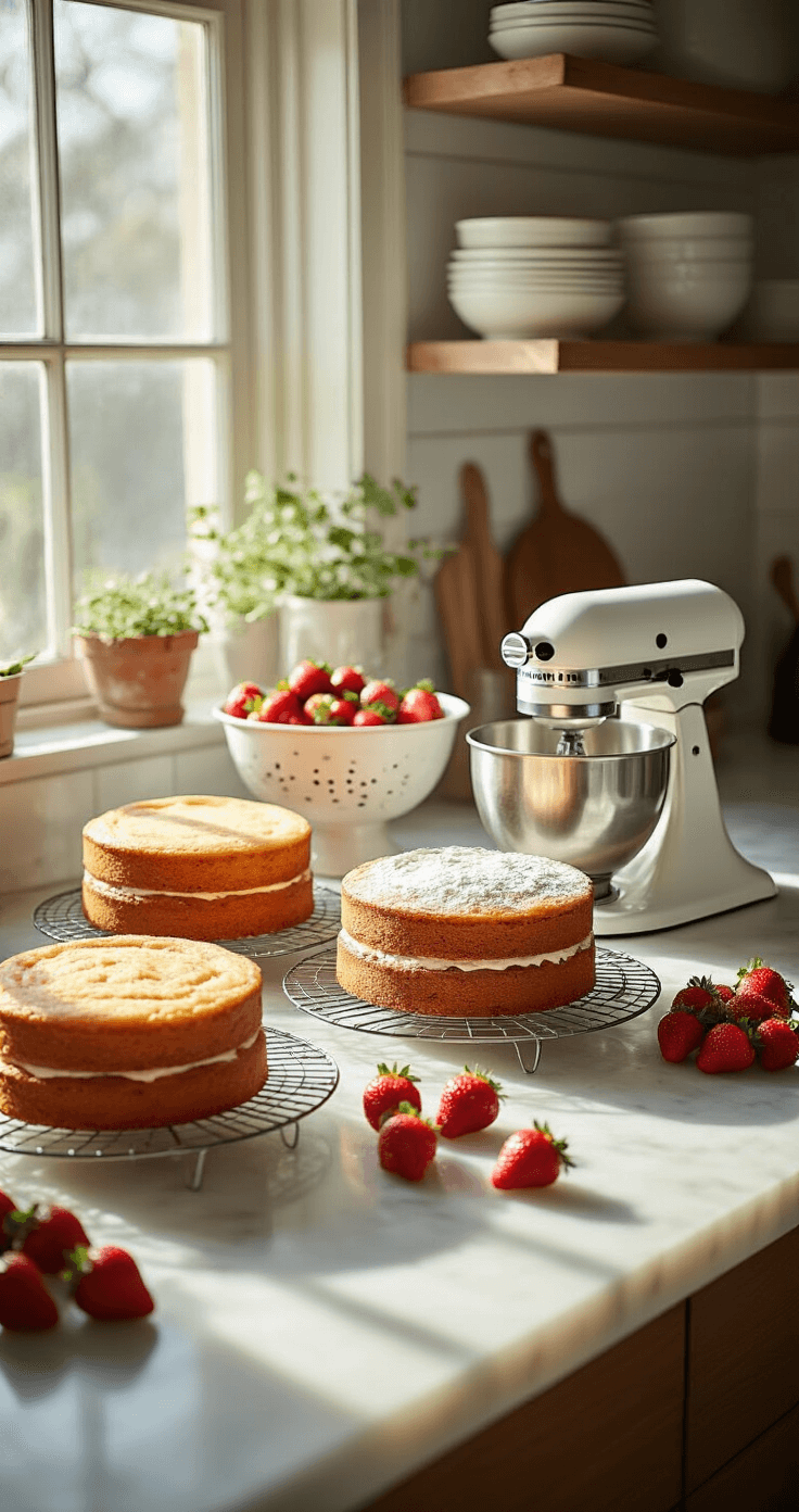 A sunlit kitchen with a marble countertop features three golden cake layers cooling on wire racks, a flour-dusted KitchenAid mixer, and fresh strawberries in a vintage colander, all illuminated by natural light.