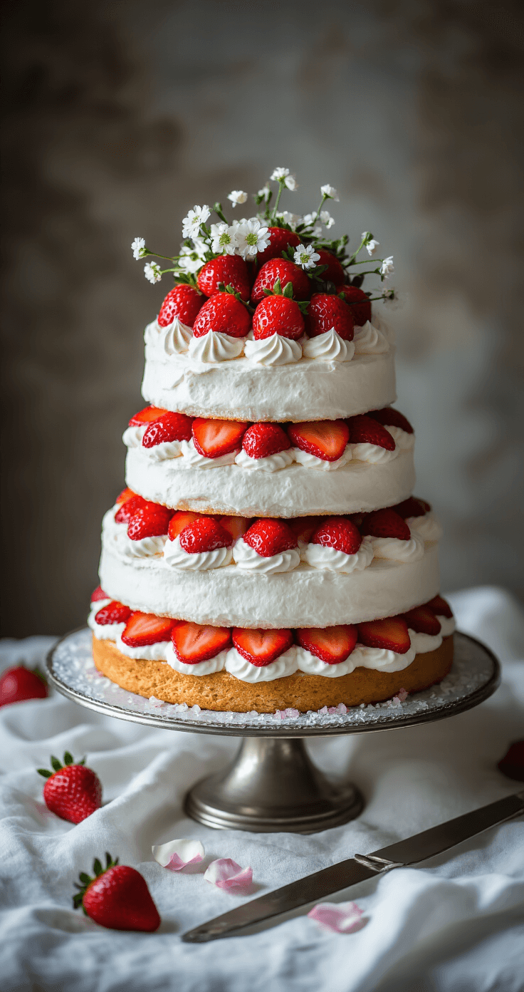 An elegant three-tiered strawberry shortcake on a silver cake stand, adorned with whipped cream, strawberry slices, fresh strawberries, white flowers, rose petals, and crystallized sugar, with a vintage cake knife on white linen.