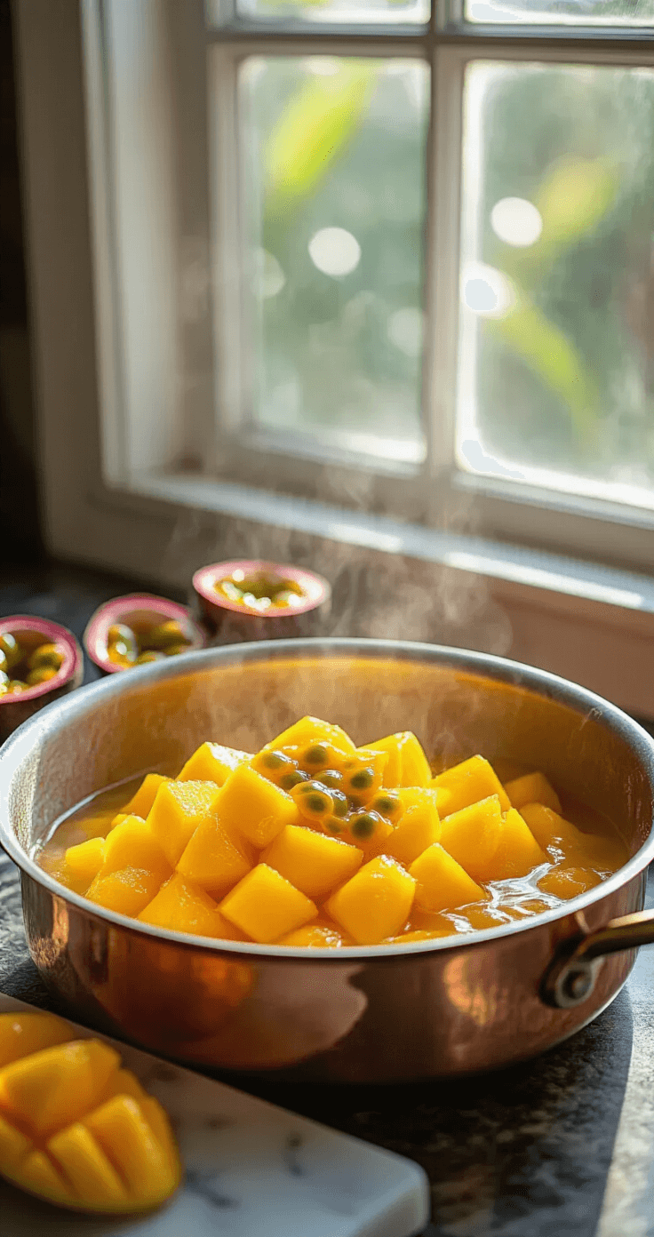 Close-up of mango chunks and passionfruit pulp in a copper saucepan, with steam rising in golden afternoon light, surrounded by fresh passionfruit shells and mango peel on a marble cutting board.