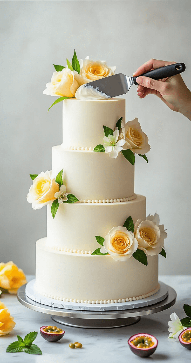 A professional bakery setting featuring a three-tiered white wedding cake being assembled on a silver rotating stand, with creamy frosting applied using an offset spatula, surrounded by mango roses and tropical flowers, under soft studio lighting.