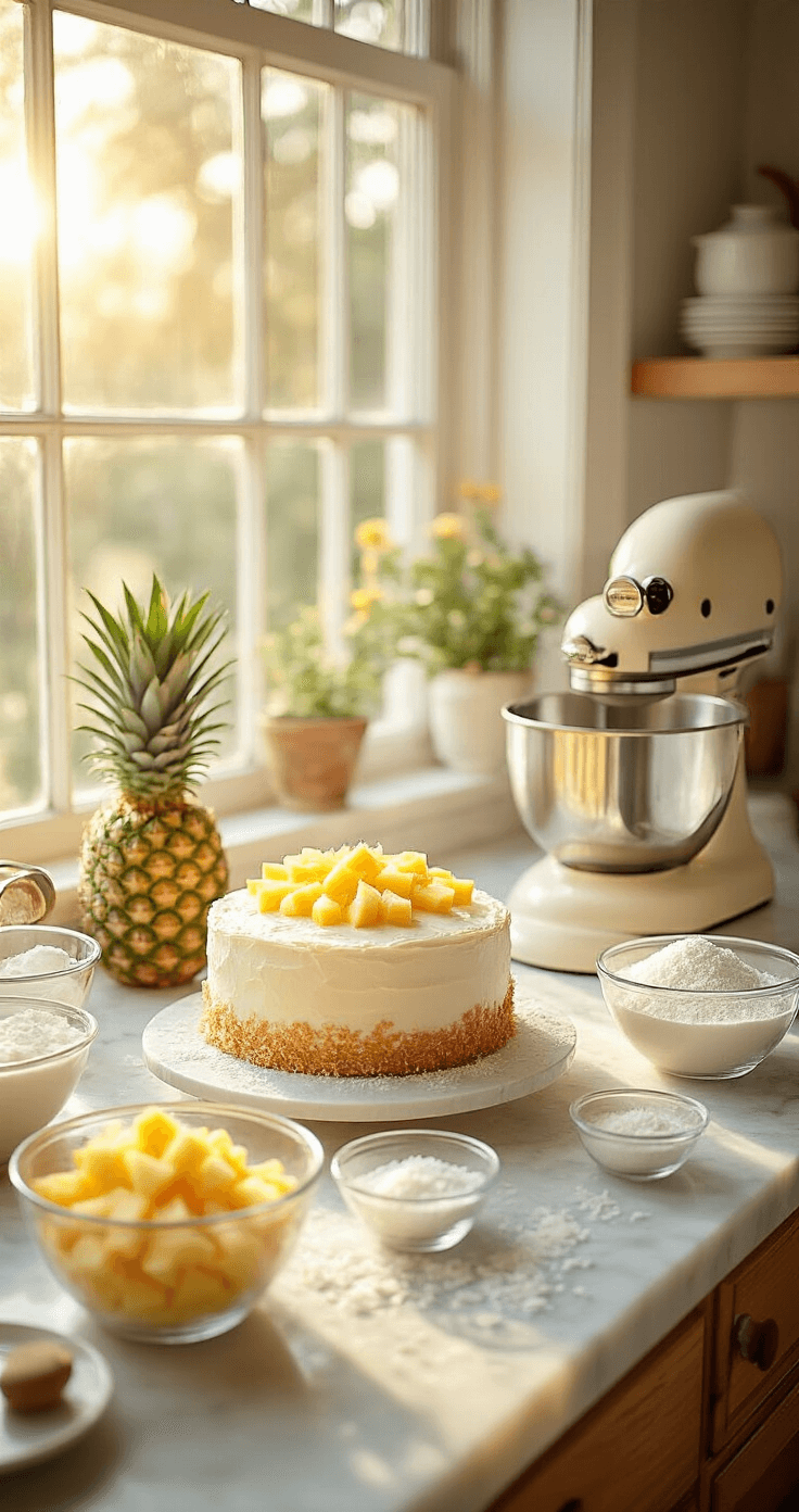 A bright, sunlit kitchen with a vintage stand mixer, fresh pineapple chunks, shredded coconut, and ingredients arranged in glass bowls on a marble countertop, while cake flour is sifted through an antique brass sifter.