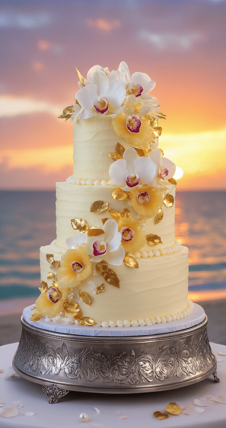 An elegant three-tiered wedding cake with pearl-white cream cheese frosting, cascading edible gold leaf accents, fresh orchids, crystallized pineapple flowers, and toasted coconut shavings, displayed on a silver stand against a tropical beach sunset backdrop.
