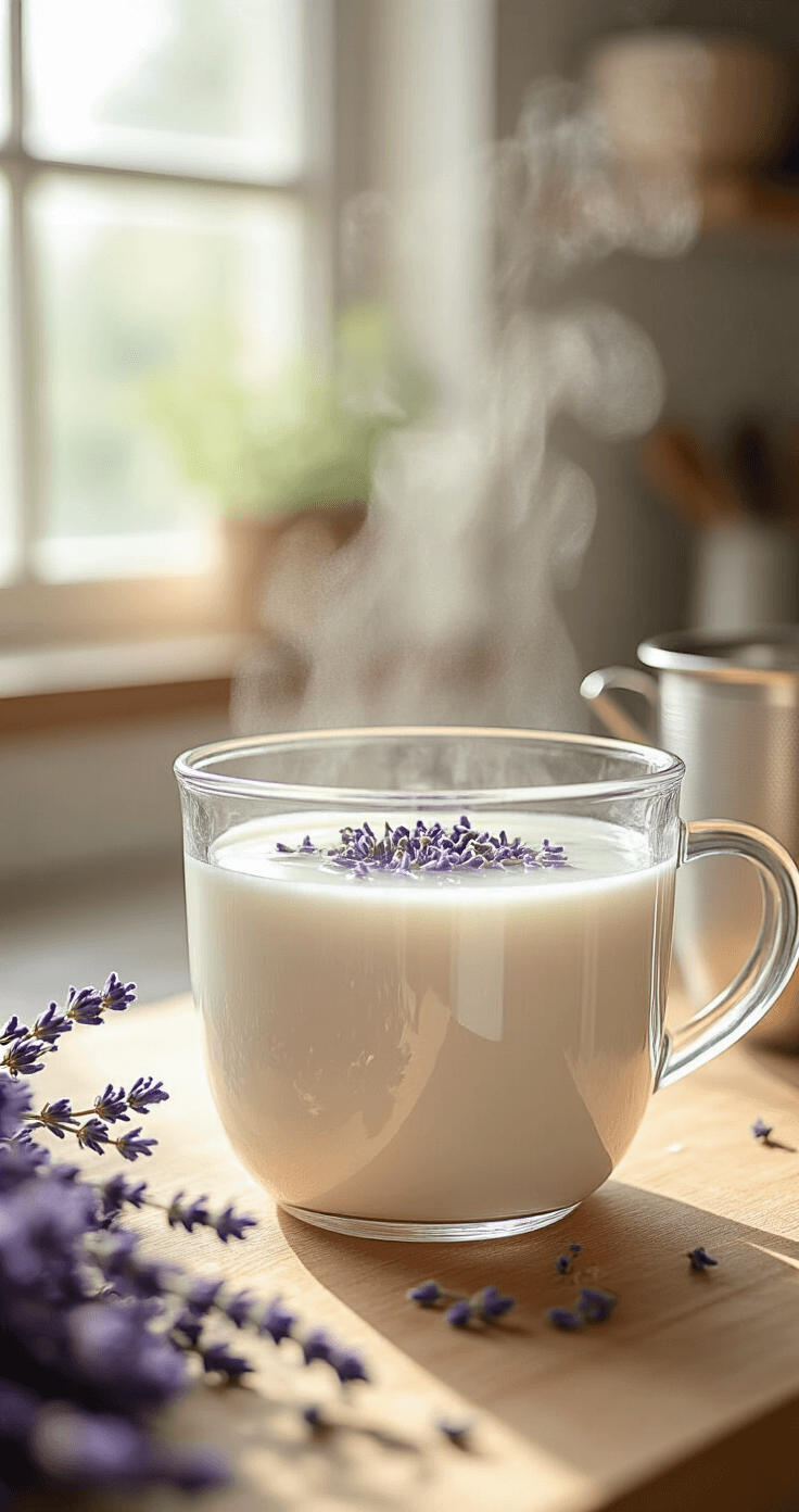 Blueberry Lavender Wedding Cake: A Stunning Celebration Centerpiece A close-up of dried lavender buds steeping in warm milk in a clear glass container, with steam rising and natural light highlighting the purple hues, set in a softly lit kitchen.