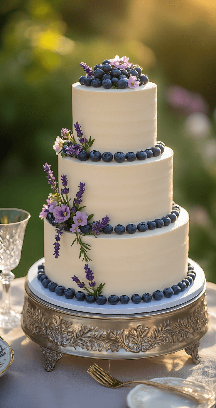 Blueberry Lavender Wedding Cake: A Stunning Celebration Centerpiece An elegant three-tiered wedding cake with mauve buttercream, adorned with blueberries, lavender, and edible flowers, displayed on a silver stand in a softly lit garden setting.