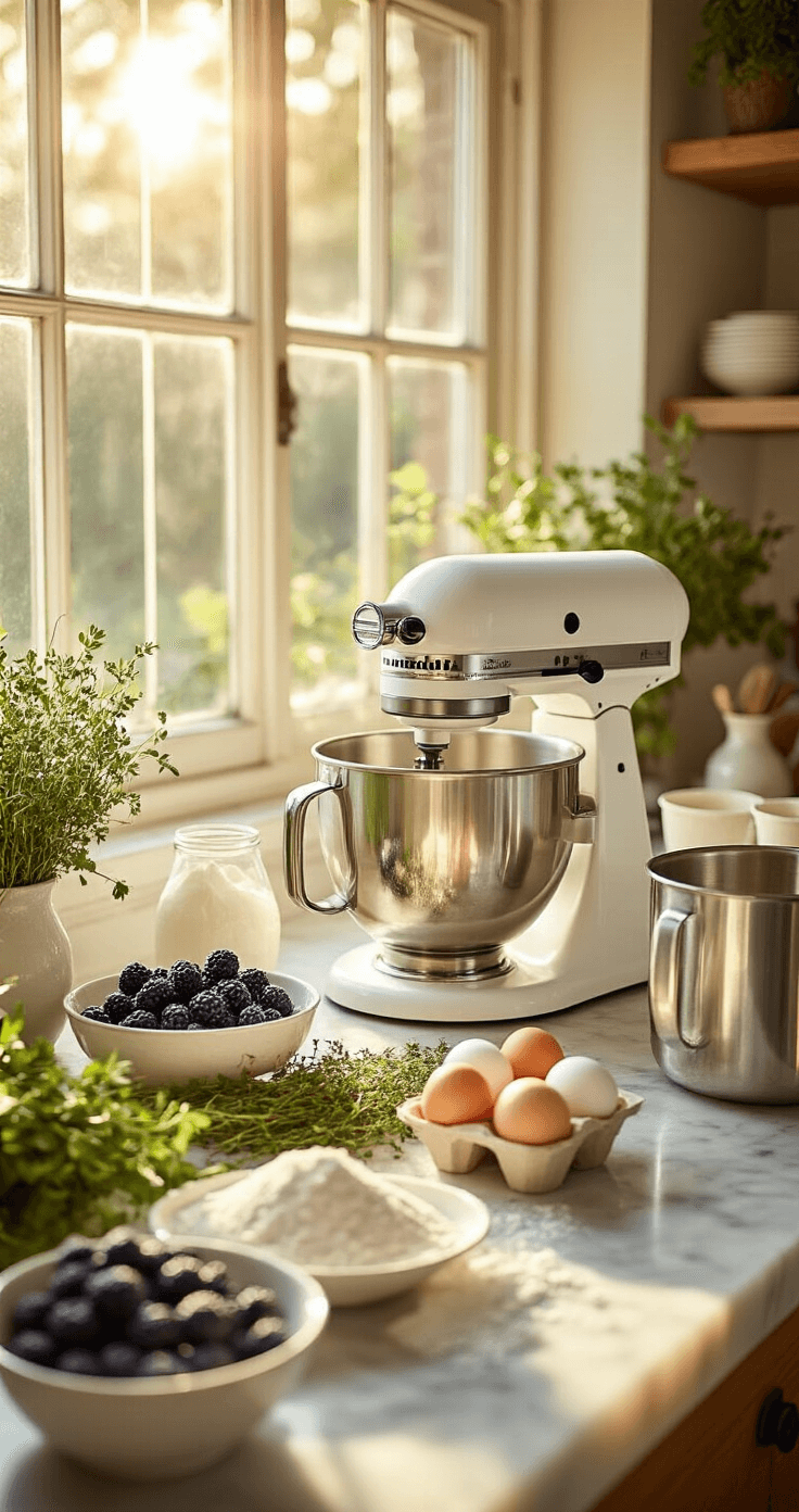 A bright and organized professional kitchen with fresh ingredients for wedding cake preparation, featuring blackberries, thyme, flour, and eggs, illuminated by golden afternoon light.