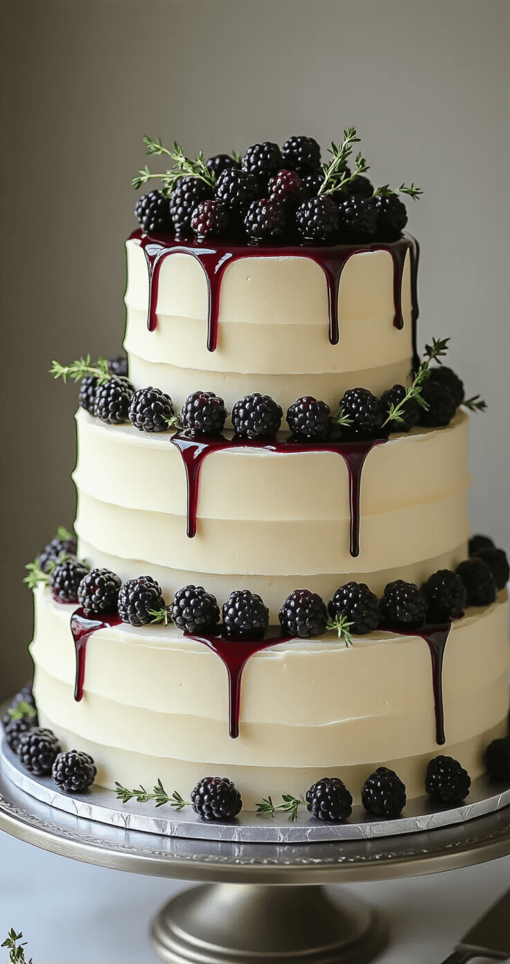 Close-up of a three-tiered wedding cake on a silver stand, featuring purple blackberry compote between ivory layers, adorned with thyme and blackberries, in soft studio lighting.