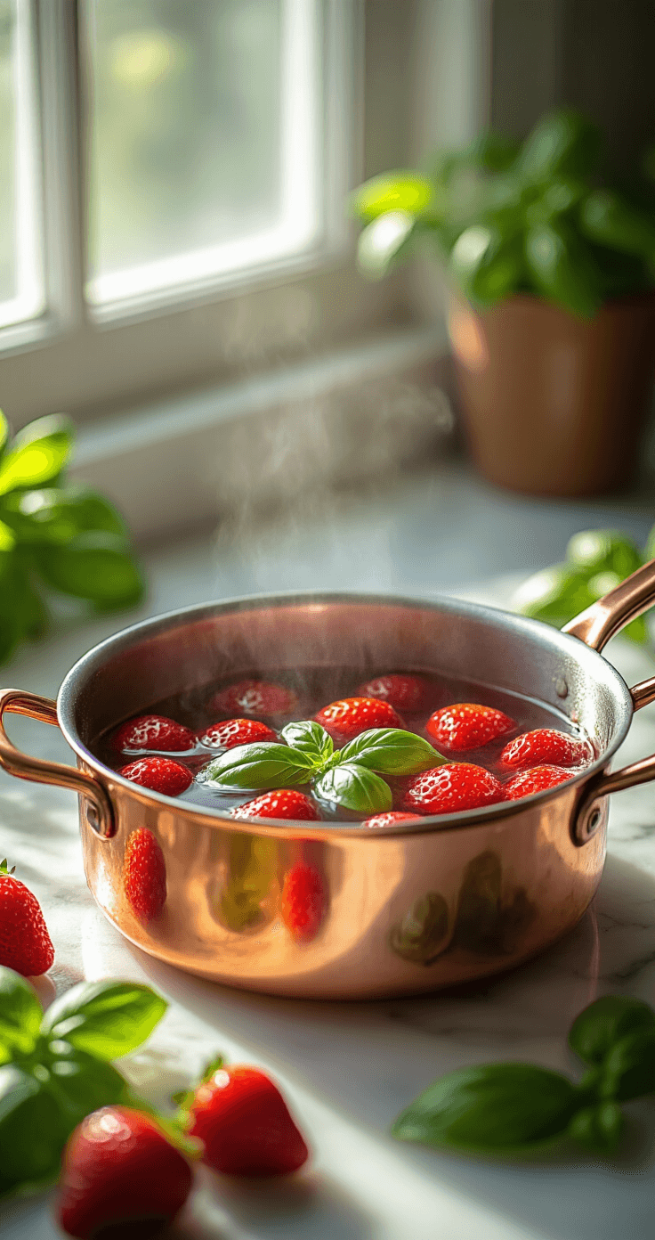 Close-up of vibrant red strawberries and fresh green basil simmering in a copper saucepan, with steam rising and sunlight highlighting the bubbling syrup on a marble countertop.
