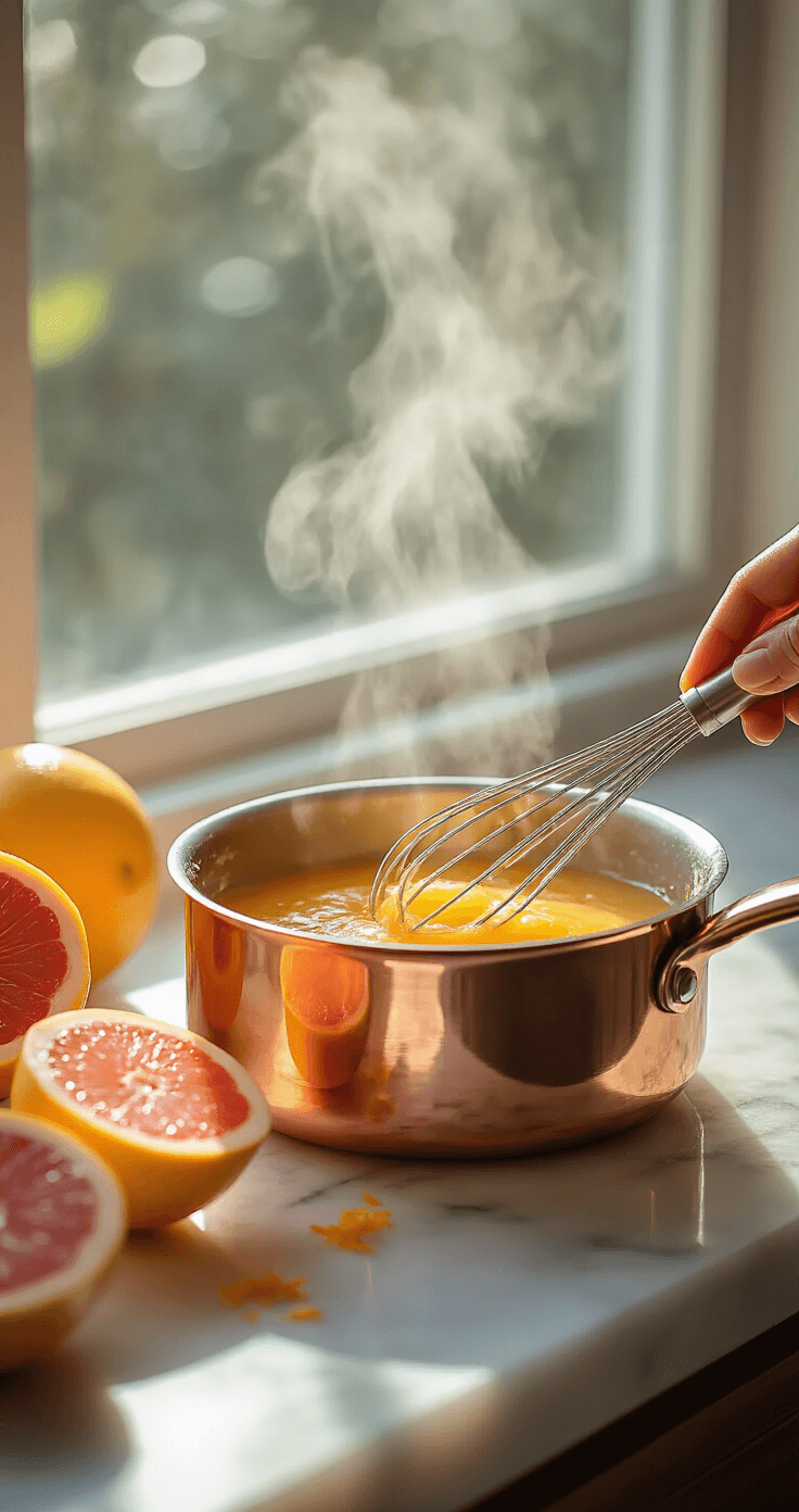 Close-up of a copper saucepan with golden-pink grapefruit curd being whisked, sunlight streaming through a window, with fresh grapefruit halves and zest on a marble countertop.