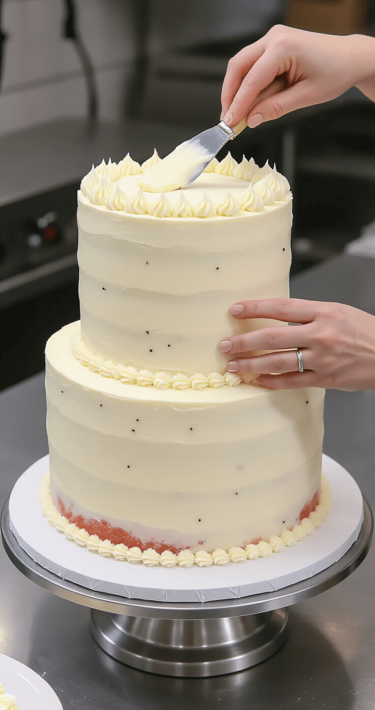 A three-tiered white wedding cake being assembled on a silver stand, featuring cream cheese frosting, pink grapefruit curd between layers, scattered poppyseeds, and crystalline sugar particles, all under soft studio lighting.